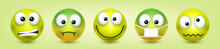 Cartoon Emoji, Emoticons Collection. Green Face With Emotions, Mood. Facial Expression, Realistic Emoji. Sad, Happy, Angry Faces. Funny Character With Smiling Face. Vector Illustration