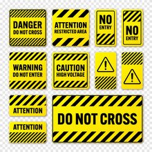 Various Black And Yellow Warning Signs With Diagonal Lines. Attention, Danger Or Caution Sign, Construction Site Signage. Realistic Notice Signboard, Warning Banner, Road Shield. Vector Illustration