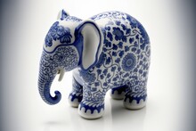 Porcelain Blue Elephant On A White Background Created With Generative AI Technology