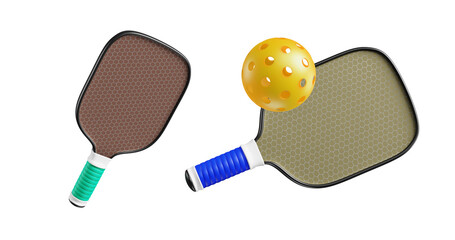 Canvas Print - Pickleball two paddle rackets and one yellow ball. Sports game 3D rendering