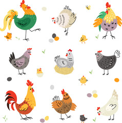 Sticker - Chicken birds, hen and rooster. Poultry breeding, yellow cartoon cute chick. Farm birds in various poses, eggs and chickens. Nowaday vector agriculture animals