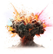 Realistic Fiery Explosion With Colorful Streaks. Large Fireball With Black Smoke On Transparent Background.