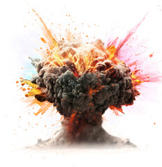 realistic fiery explosion with colorful streaks. large fireball with black smoke on transparent back