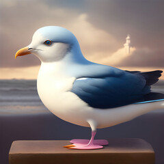 Wall Mural - Generative AI: cute seagull over sea and blue sky in pastel colors