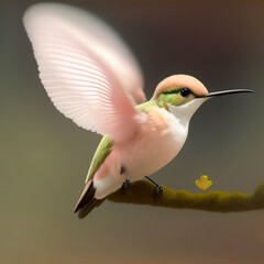 Wall Mural - Generative AI: cute exotic fantasy hummingbird very feathery in pastel colors on a light background