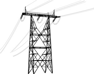 Silhouette of high voltage power lines on a white background