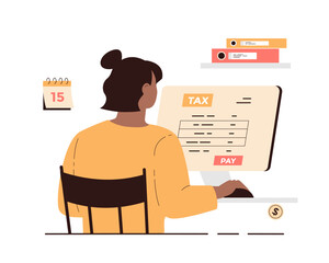 Wall Mural - Tax payment concept. Government taxation, invoice payment, online banking. Data analysis, paperwork, financial research, report. Woman making transaction using computer. Cartoon vector illustration.