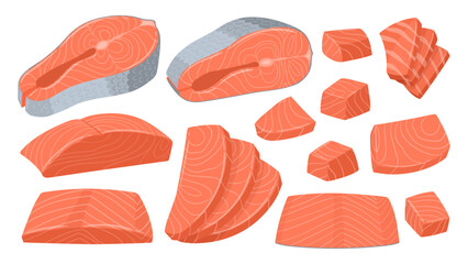 Wall Mural - Cartoon sliced salmon. Red fish pieces, delicious sashimi slices, salmon steak and fillet flat vector illustration set. Salmon slices collection