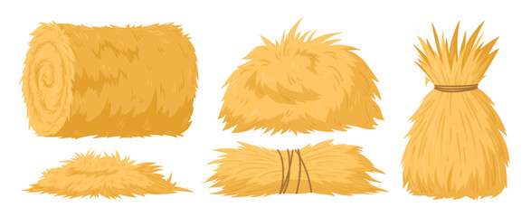 Wall Mural - Cartoon agricultural haycocks. Bale of hay, rural haystack, rolled stack and fodder straw, dried farm haystacks flat vector illustration set on white background