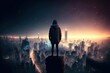 Leinwandbild Motiv A person standing on a rooftop, looking at a foggy and futuristic cityscape with neon lights at night, epic wallpaper, generative ai