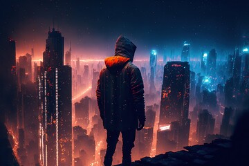 A silhouette of a person in a hoodie standing on a rooftop, looking at a futuristic neon city skyline at night, generative ai