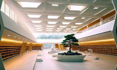 Futuristic and peaceful chinese japanese korean asiatic ecological and ecoenergetic libray museum architectural hall, sky, cloud and vegetation around, reworked and enhanced ai generated illustration