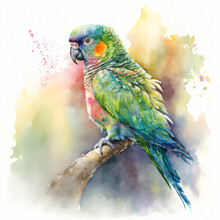 Watercolor Of A Colorful Parrot Sitting On A Branch Isolated On A White Background Generative Ai