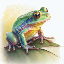 Watercolor Of A Green Frog Sitting On A Lily Pond Isolated White Background Generative Ai