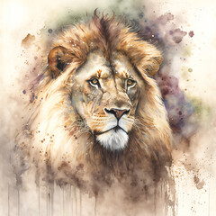 Wall Mural - watercolor of a lion head with a majestic mane isolated on a white background Generative Ai