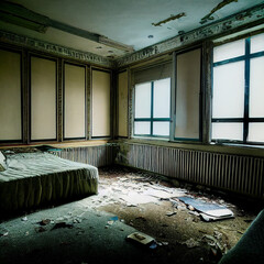 Hotel room in ruins and abandoned