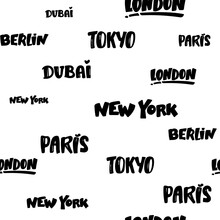 Cities Of The World Seamless Patterns. Vector Typography Background. Words In The English Language Black White