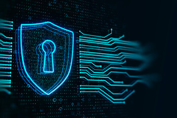 Aufkleber - Internet technologies security and antivirus concept with digital shield with keyhole symbol between computer microcircuit wires on dark technological background. 3D rendering