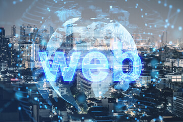 Aufkleber - Creative polygonal globe with web hologram on blurry illuminated night city background. Technology, internet and innovation concept. Double exposure.