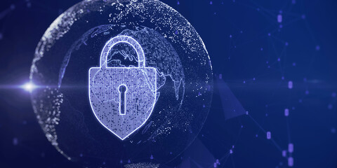 Poster - Global data protection concept with digital pad lock and blue glowing world map in sphere on dark technological background. 3D rendering, mockup