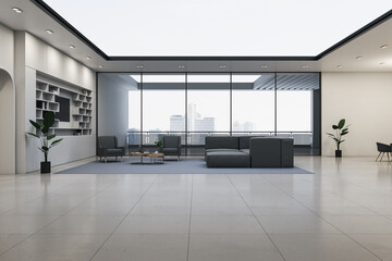 Poster - Modern spacious office interior with furniture, panoramic window with city view and tile flooring. 3D Rendering.