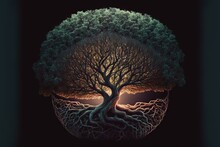  A Tree With A Large Root In The Middle Of It's Head, With A Dark Background And A Full Moon In The Sky Above It, With A Tree With Roots, And A. , AI