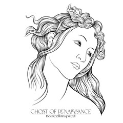 Wall Mural - Portrait of a woman inspired by a painting by Renaissance artist Botticelli Spring. Outline hand drawing vector illustration.