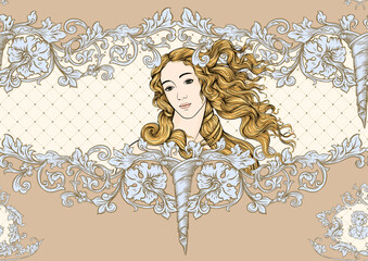 Sticker - Portrait of a woman inspired by a painting by Renaissance artist Botticelli. Seamless pattern, background In baroque, rococo, victorian, renaissance style. Vector illustration