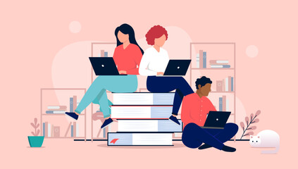 People working on computers - Three students sitting on stack of books doing research and doing work on laptop computer. Flat design vector illustration