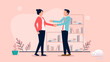 Businesswoman and businessman handshake - Man and woman shaking hands in business deal and agreement. Flat design vector illustration