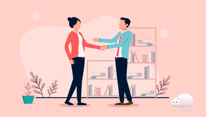Aufkleber - Businesswoman and businessman handshake - Man and woman shaking hands in business deal and agreement. Flat design vector illustration