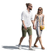 Man and woman walking casually hand in hand on a sunny summer day and talking, isolated on white background