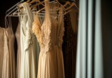 Fototapeta  - illustration, evening dresses hanging on wooden hangers image by AI