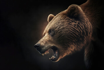 closeup on an angry brown bear showing its teeth with copyspace area