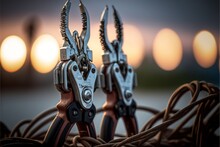  Two Pairs Of Scissors Are Connected To A Wire With A Sunset In The Background And A Blurry Background Of Lights In The Distance Behind Them, With A Wire And A Wire In The Foreground. , AI