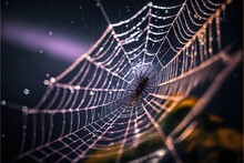  A Spider Web With Water Droplets On It's Webs In The Dark Night Sky, With A Yellow Flower In The Foreground And A Purple Background With A Yellow Flower In The Foreground. , AI