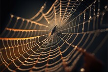  A Spider Web With Dew Drops On It's Webs And A Dark Background With A Light Shining On It And A Spider Web In The Center Of The Web, With Dew Drops. , AI