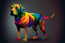  A Dog With A Multicolored Coat Of Many Colors On It's Face And Tail, Standing In Front Of A Dark Background With A Black Background, With A White Border,. Generative AI