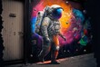 Astronaut walking out of graffiti wall made with generative AI technology