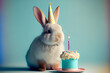 Portrait von einem Hase mit Partyhut und Geburtstagstorte am Geburtstag feiern vor pastellfarbenen Hintergrund - Generative Ai