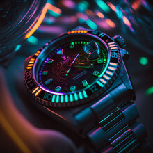 Mechanical Wrist Watch With Beautiful Neon Illumination On A Colored Background