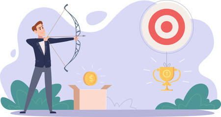 Poster - business goal setting. active business characters shooting with arrows to targets exact vector peopl
