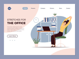 Canvas Print - Office exercises landing. Freelancers do sport exercises at self working place for helthy lifestyle recent vector web page template