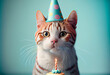 Portrait von einer Katze mit Partyhut und Geburtstagstorte am Geburtstag feiern vor pastellfarbenen Hintergrund - Generative Ai