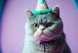 Portrait von einer Katze mit Partyhut und Geburtstagstorte am Geburtstag feiern vor pastellfarbenen Hintergrund - Generative Ai
