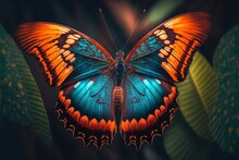  A Butterfly With Orange And Blue Wings On A Leafy Background With A Black Background And A Green Leaf With Orange Spots And A Blue And Orange Stripe On The Wings, With A Blue. , AI Generative AI