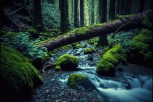  A Stream Running Through A Lush Green Forest Filled With Trees And Moss Covered Rocks And Fallen Logs On The Ground And A Fallen Log In The Middle Of The Stream, With Mossy,. , AI