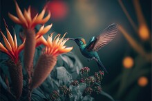  A Hummingbird Flying Over A Flower With A Dark Background And A Blurry Image Of A Plant With Orange Flowers In The Foreground And A Blurry Background Of The Image Of The. , AI