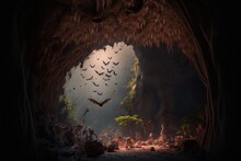  A Cave With A Lot Of Birds Flying Out Of It And A Light Coming From The Ceiling Of It That Is Shining On The Ground And Trees And Rocks And Rocks And Dirt Below It. , AI