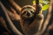  a sloth hanging from a tree branch with its head on a branch and eyes closed, with a green leaf in the background, with a blurry background of a dark background,. , AI